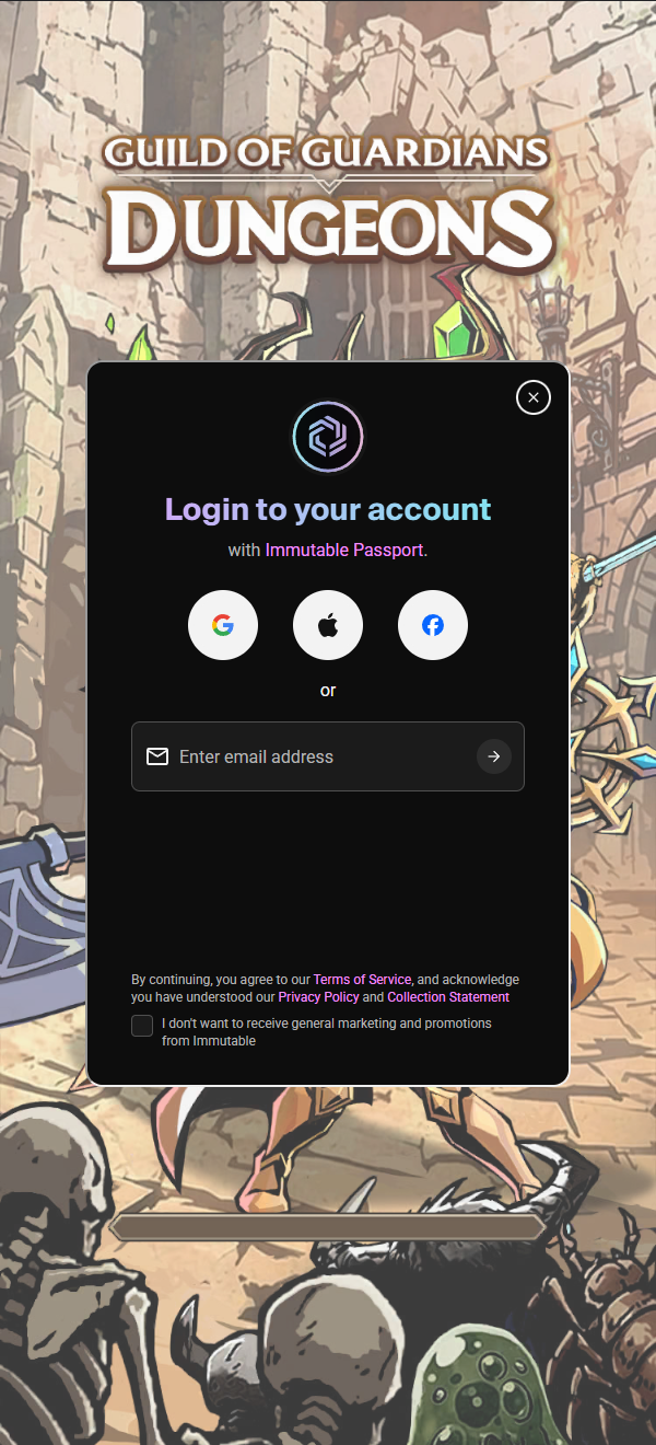 Immutable Passport connection screen